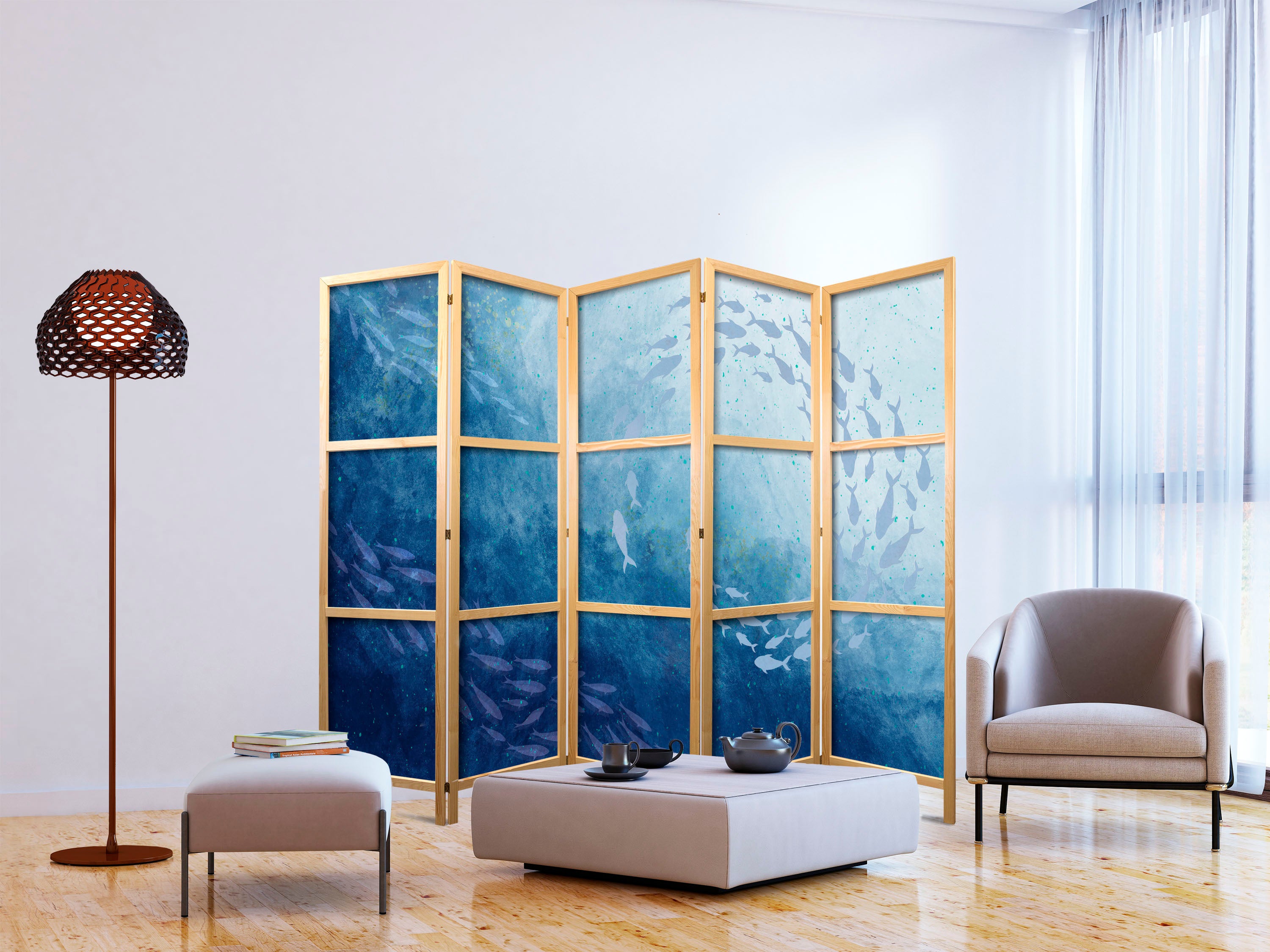 Japanese Room Divider - Blue Fish Motif - 5-Panel
