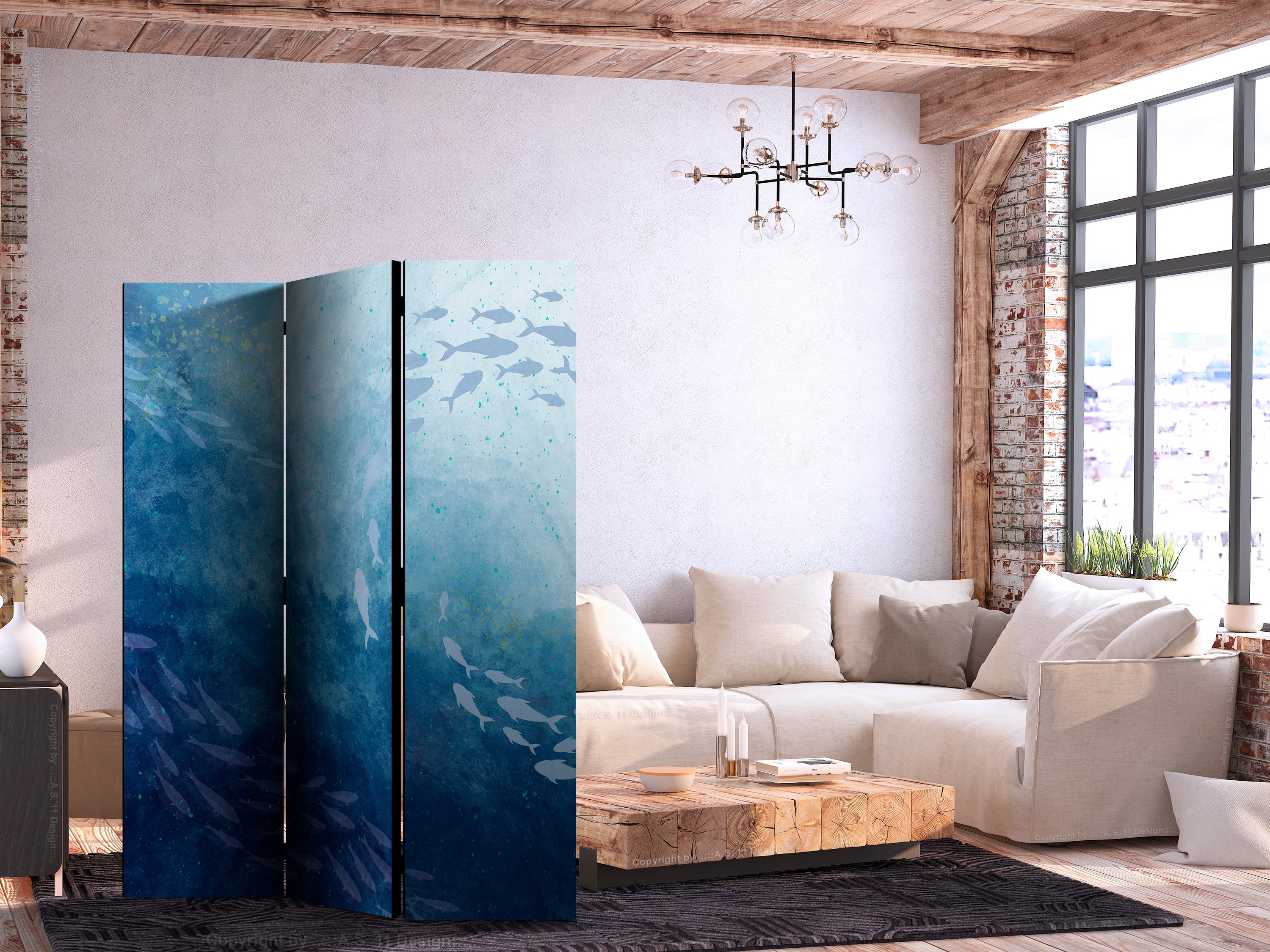 Room Divider with Fish Motif in Blue Hues