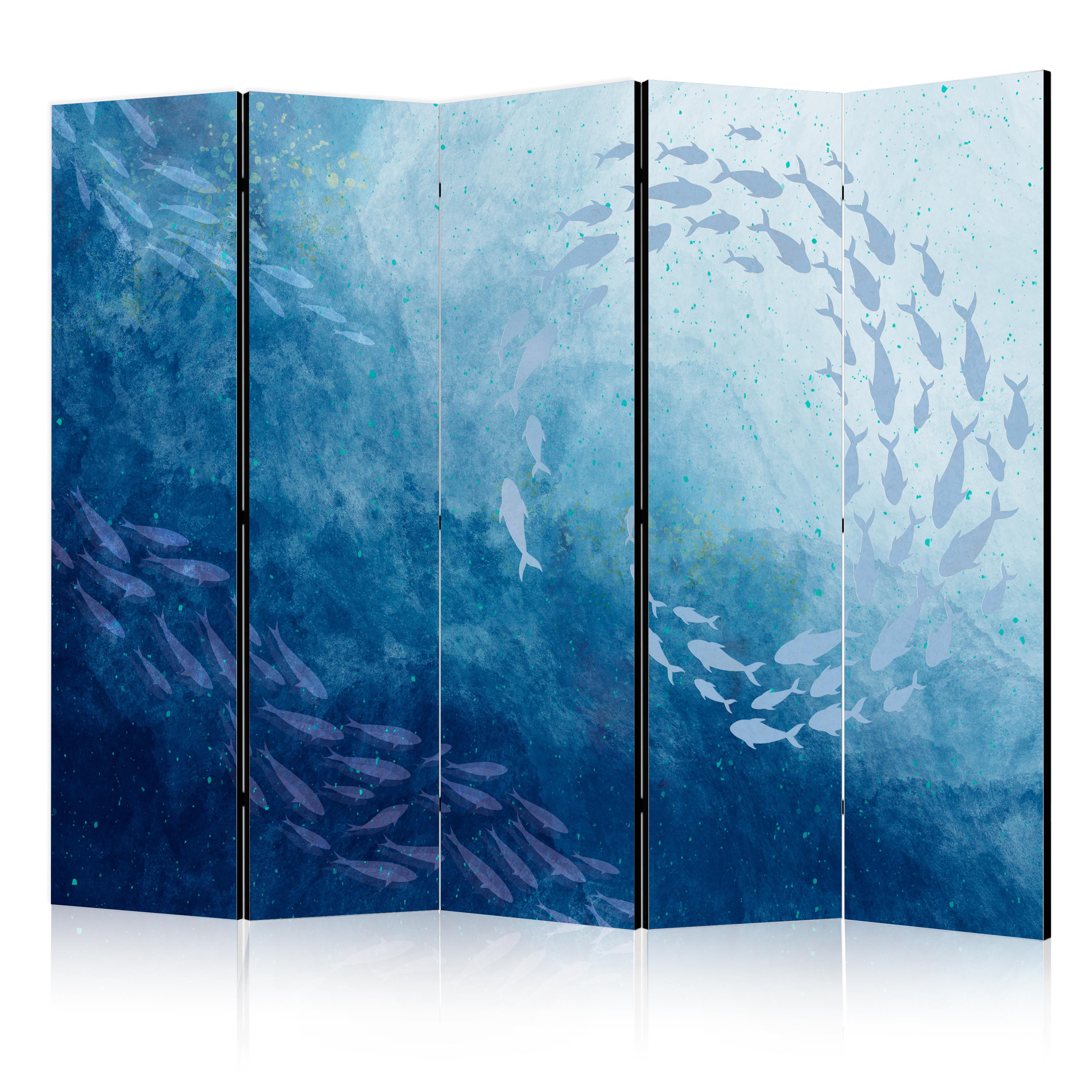 Room Dividers - Schools of Fish - Luminous Clusters of Fish in Blue Colors Among Sea Depths