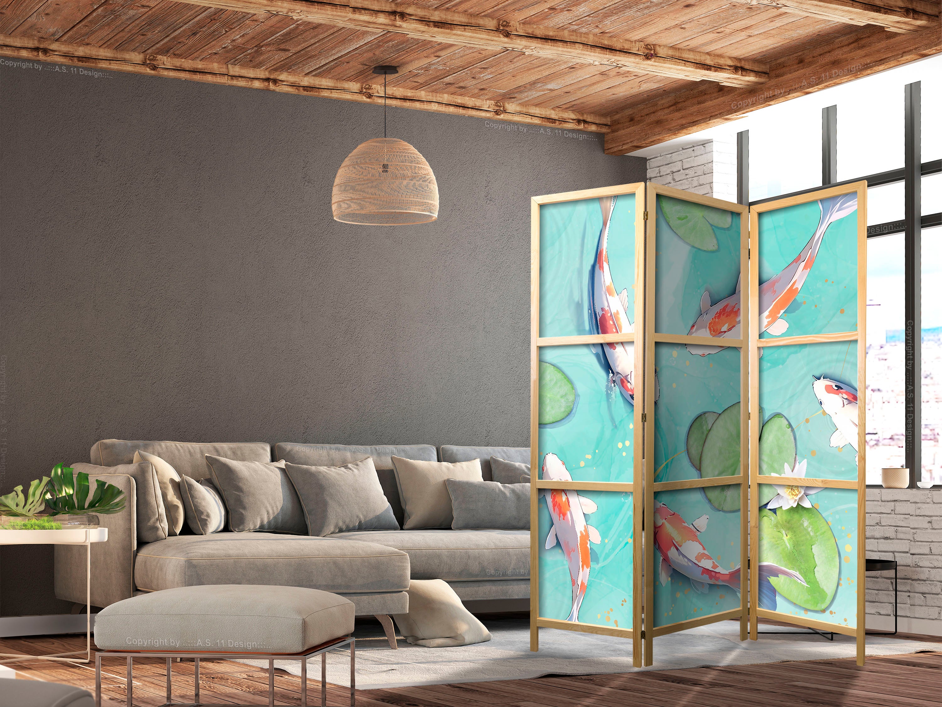 Japanese Room Divider with Koi Fish Design