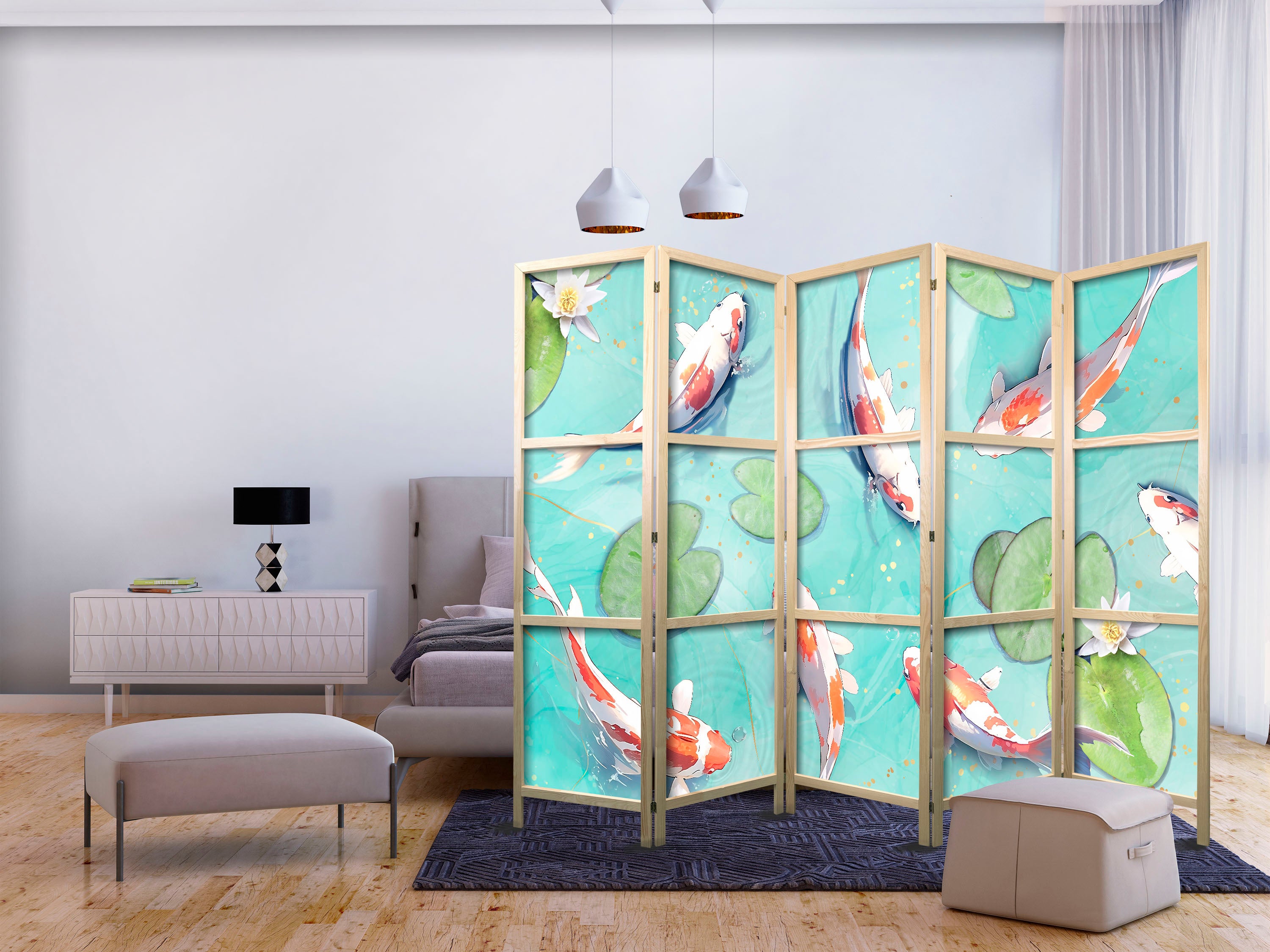 Japanese Room Divider with Koi Fish and Water Lilies
