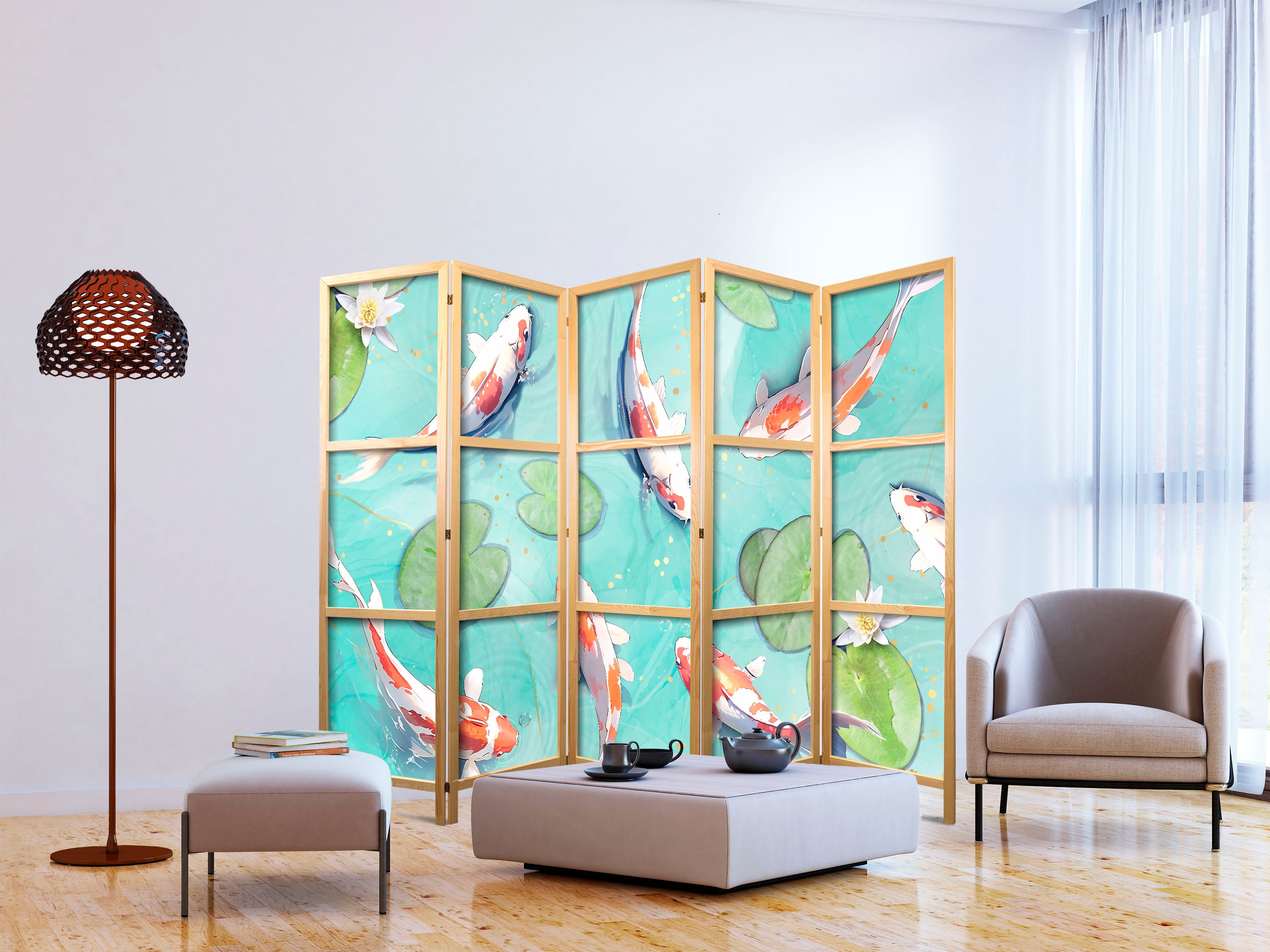 Japanese Room Divider with Koi Fish and Water Lilies