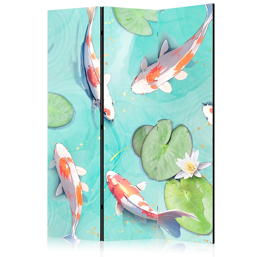 Room Divider - Spectacular White-Orange Koi Fish in Crystal Water with Water Lilies