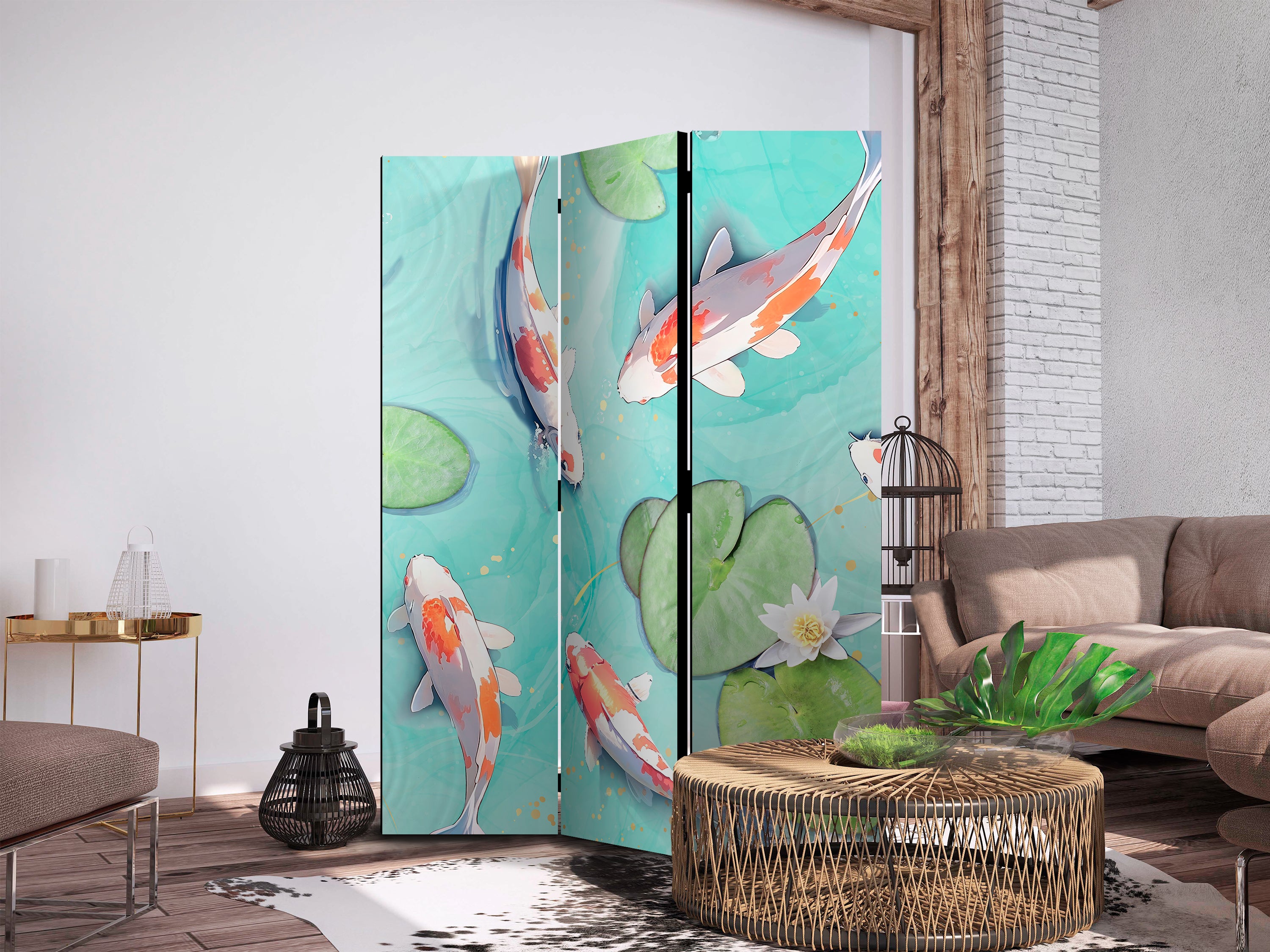 Room Divider - Spectacular White-Orange Koi Fish in Crystal Water with Water Lilies