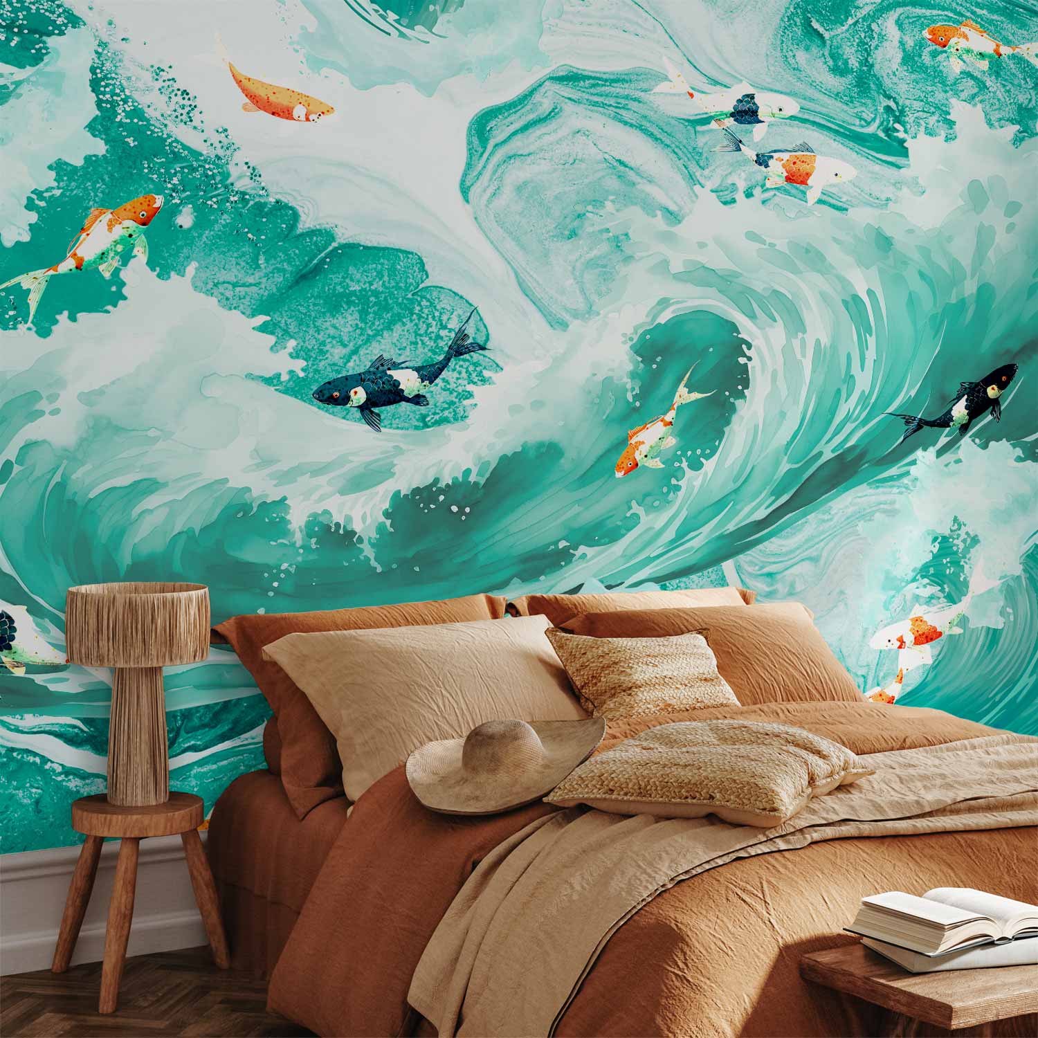 Japanese Fish and Waves Wall Mural