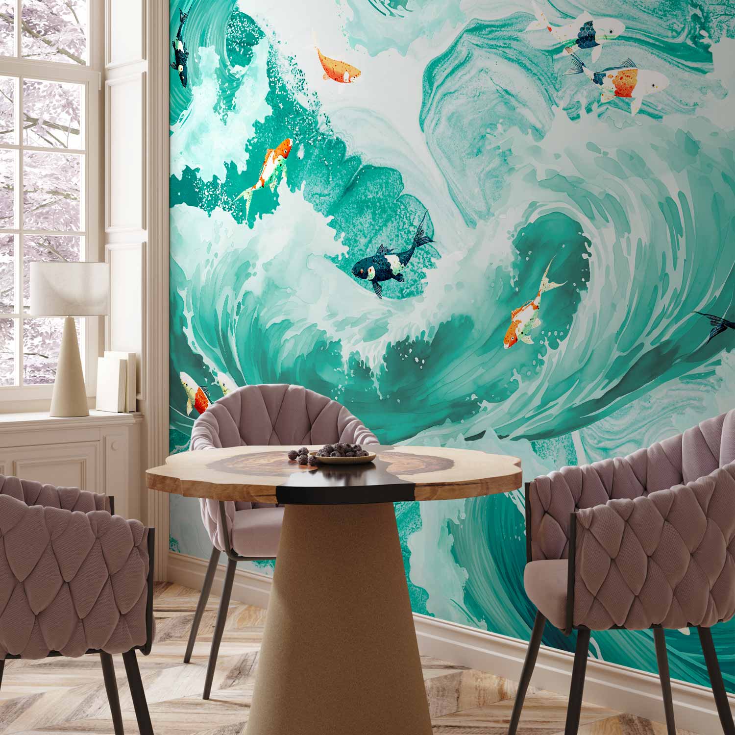 Japanese Fish and Waves Wall Mural