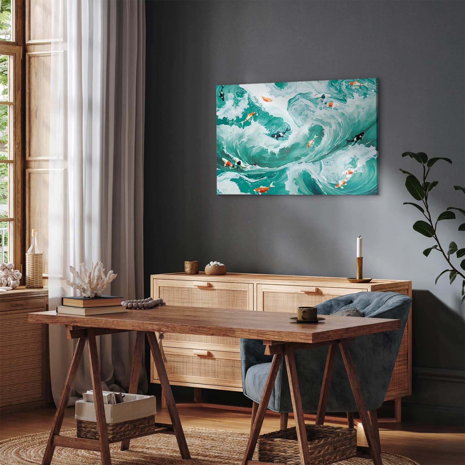 Japanese Fish and Waves Canvas Print
