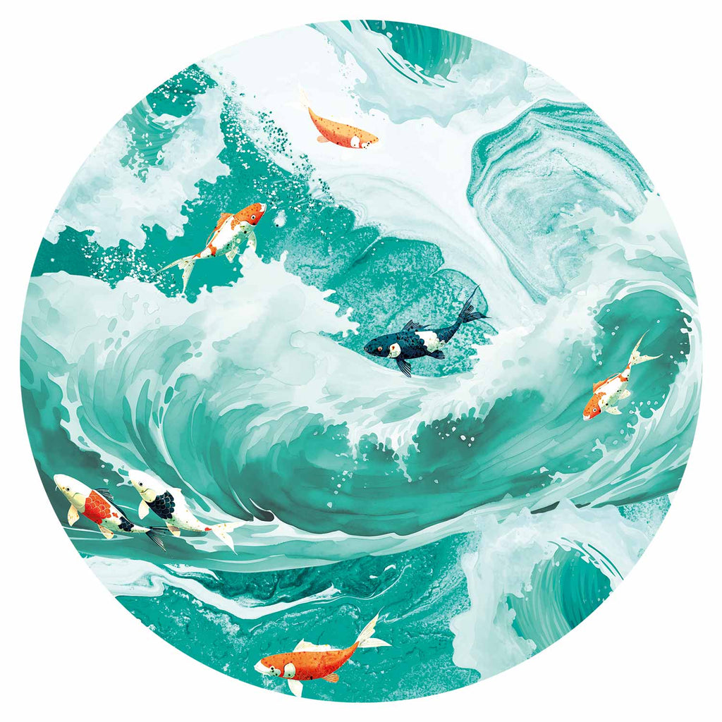 Japanese Fish and Waves Round Wall Mural