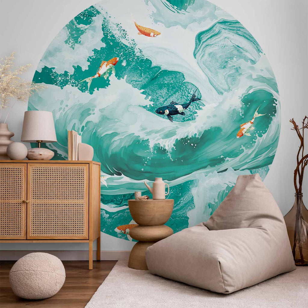 Japanese Fish and Waves Round Wall Mural