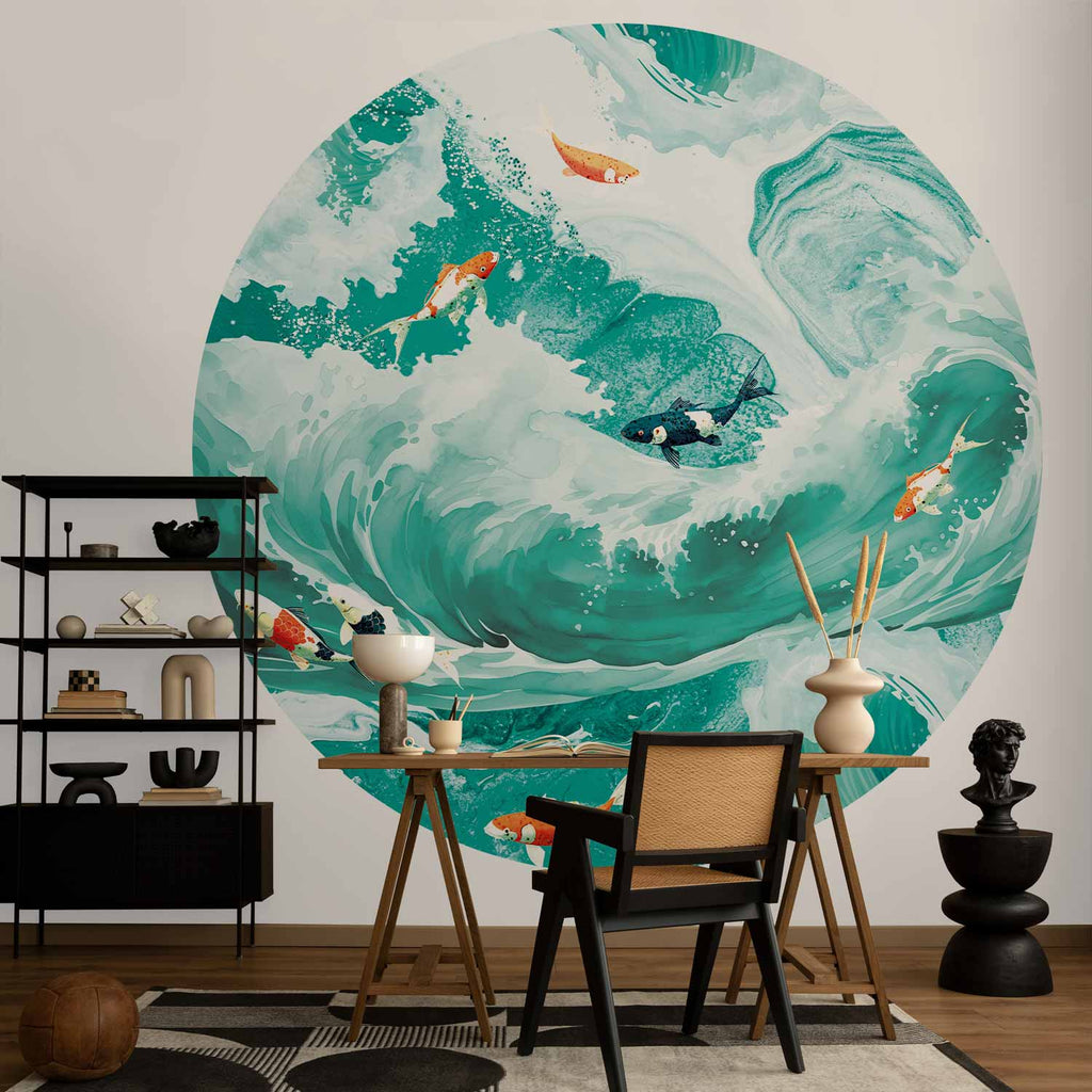 Japanese Fish and Waves Round Wall Mural