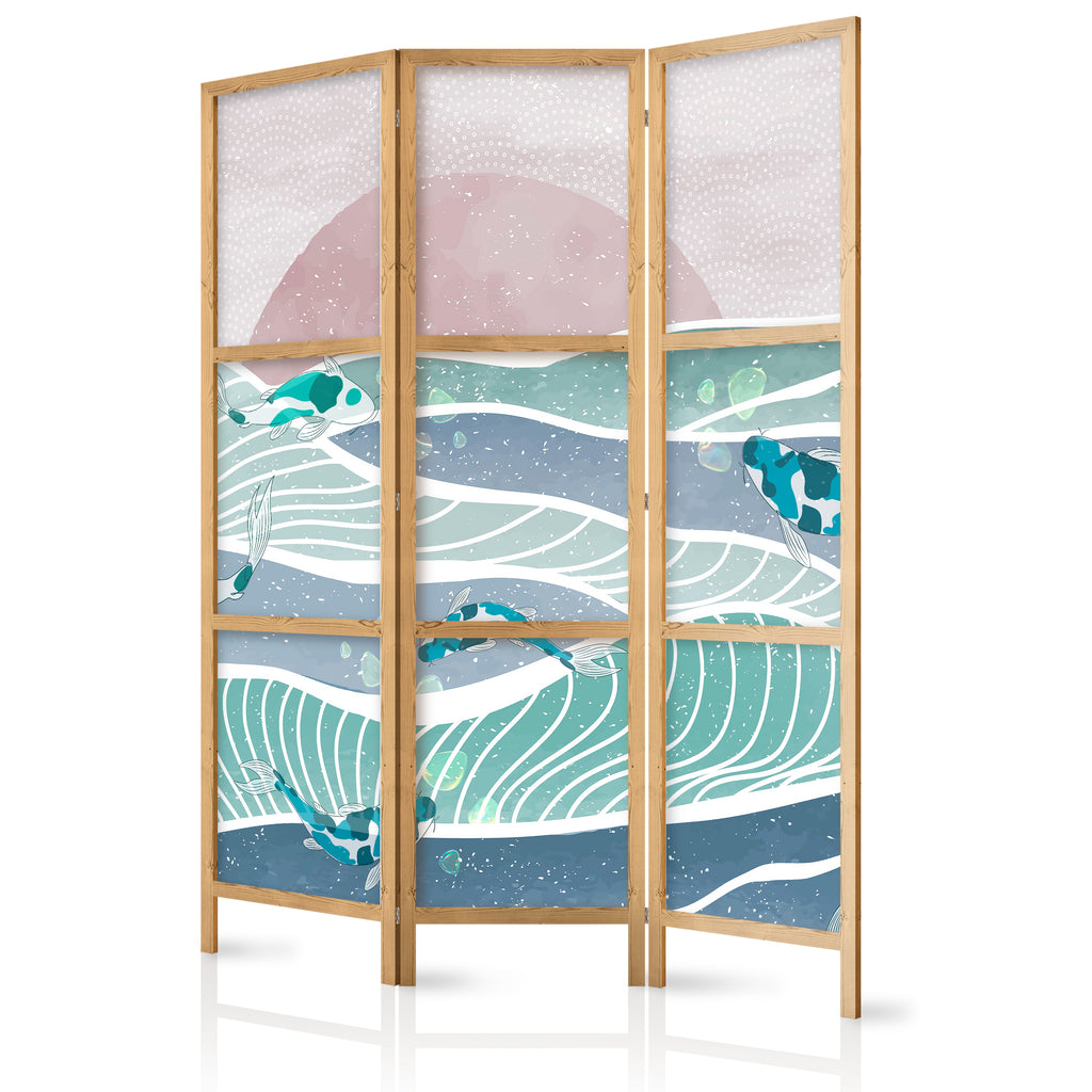 Room Divider - Koi Fish Among Waves in Turquoise and White (3-panel)
