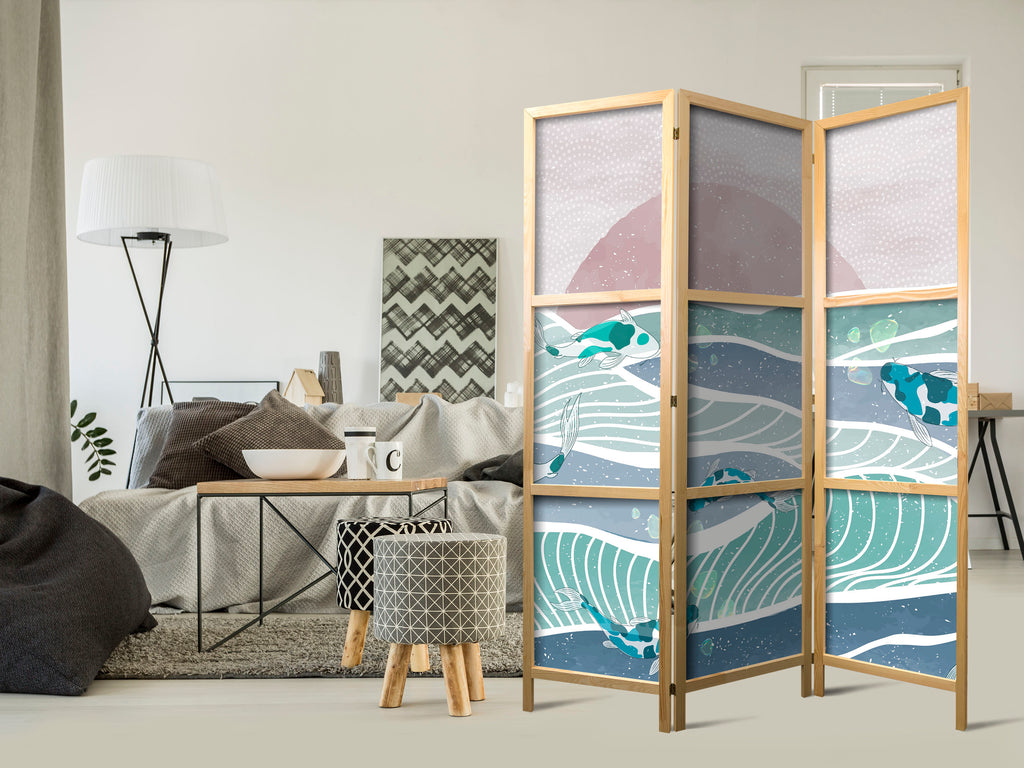 Room Divider - Koi Fish Among Waves in Turquoise and White (3-panel)