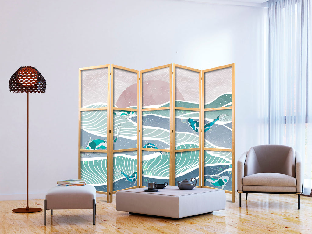 Japanese Room Divider - Koi Fish in Waves (5-Panel)