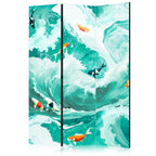 Room Divider 3-panel Koi Fish Among Waves Turquoise White