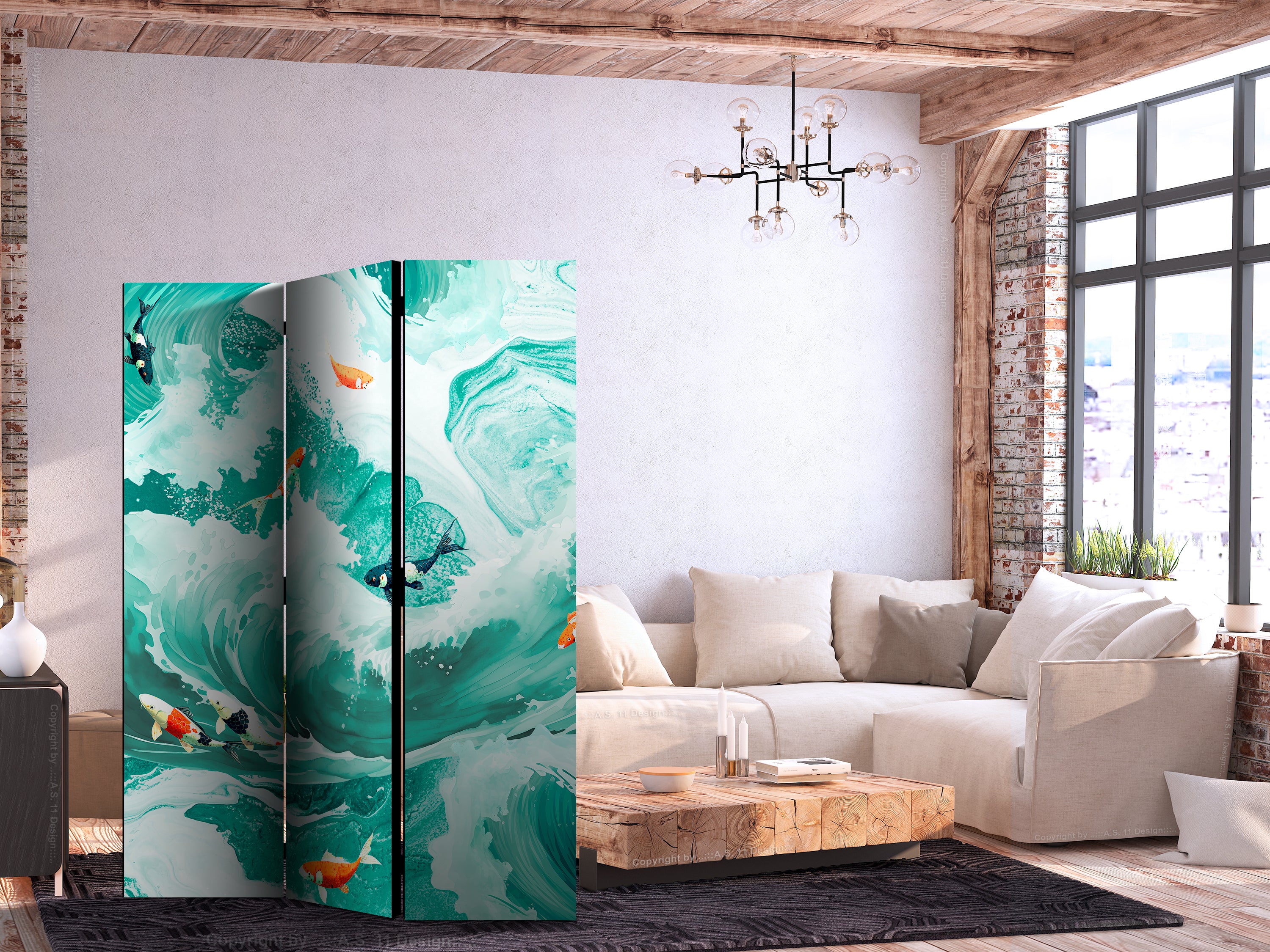 Room Divider 3-panel Koi Fish Among Waves Turquoise White