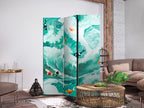 Room Divider 3-panel Koi Fish Among Waves Turquoise White