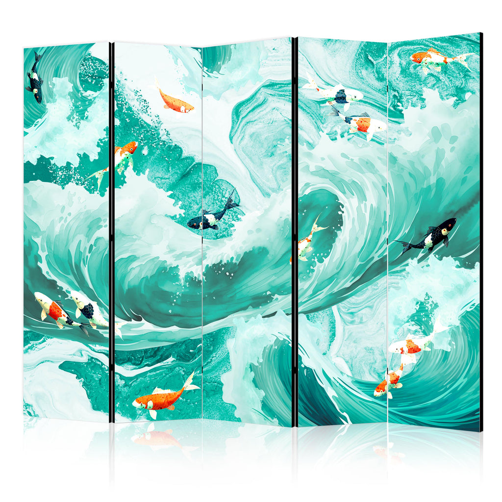 Room Divider with Koi Fish Among Waves in Turquoise and White