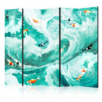 Room Divider with Koi Fish Among Waves in Turquoise and White