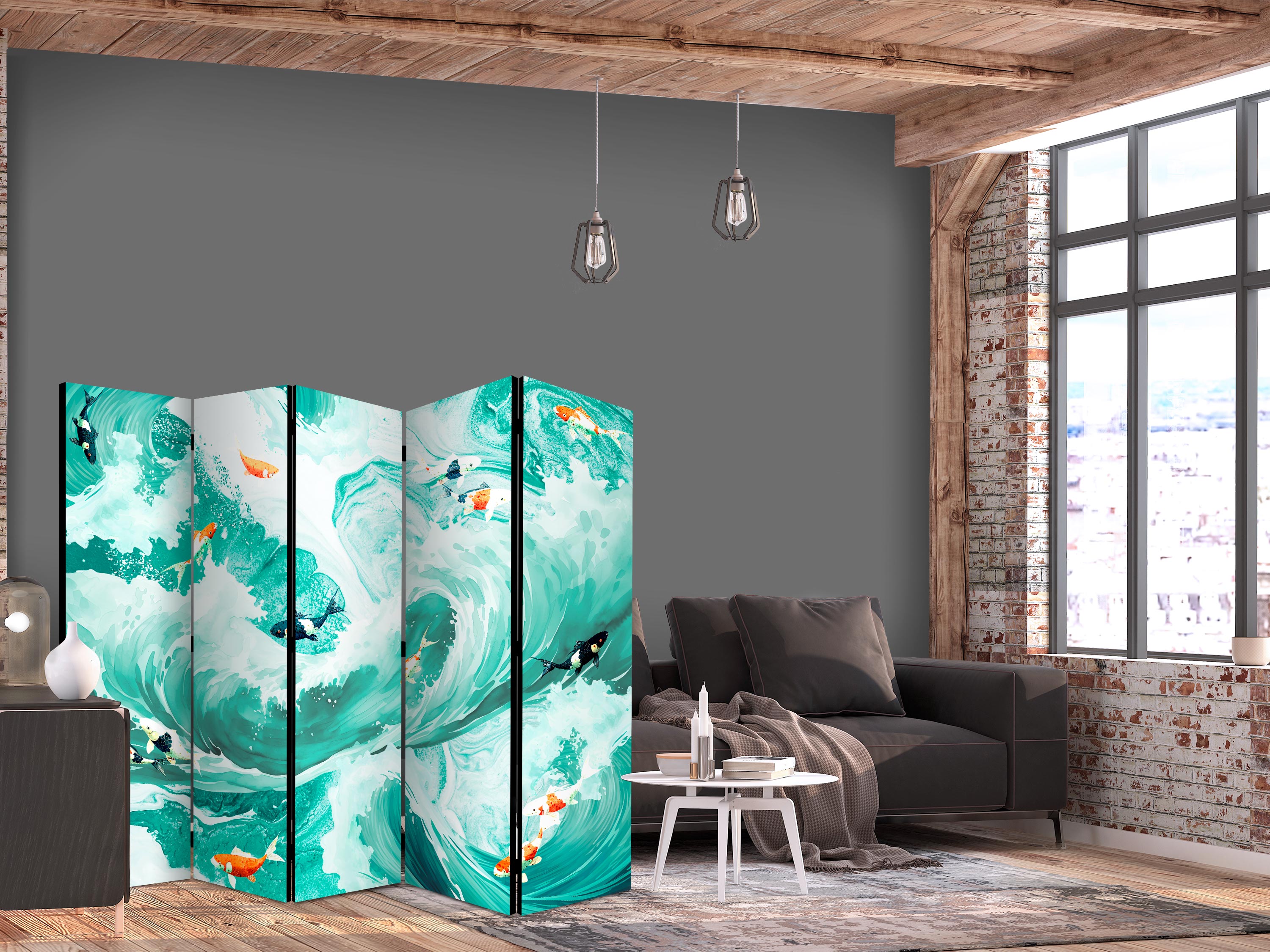 Room Divider with Koi Fish Among Waves in Turquoise and White