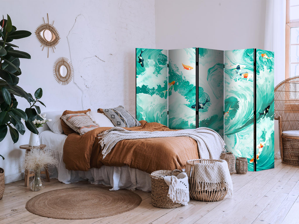 Room Divider with Koi Fish Among Waves in Turquoise and White
