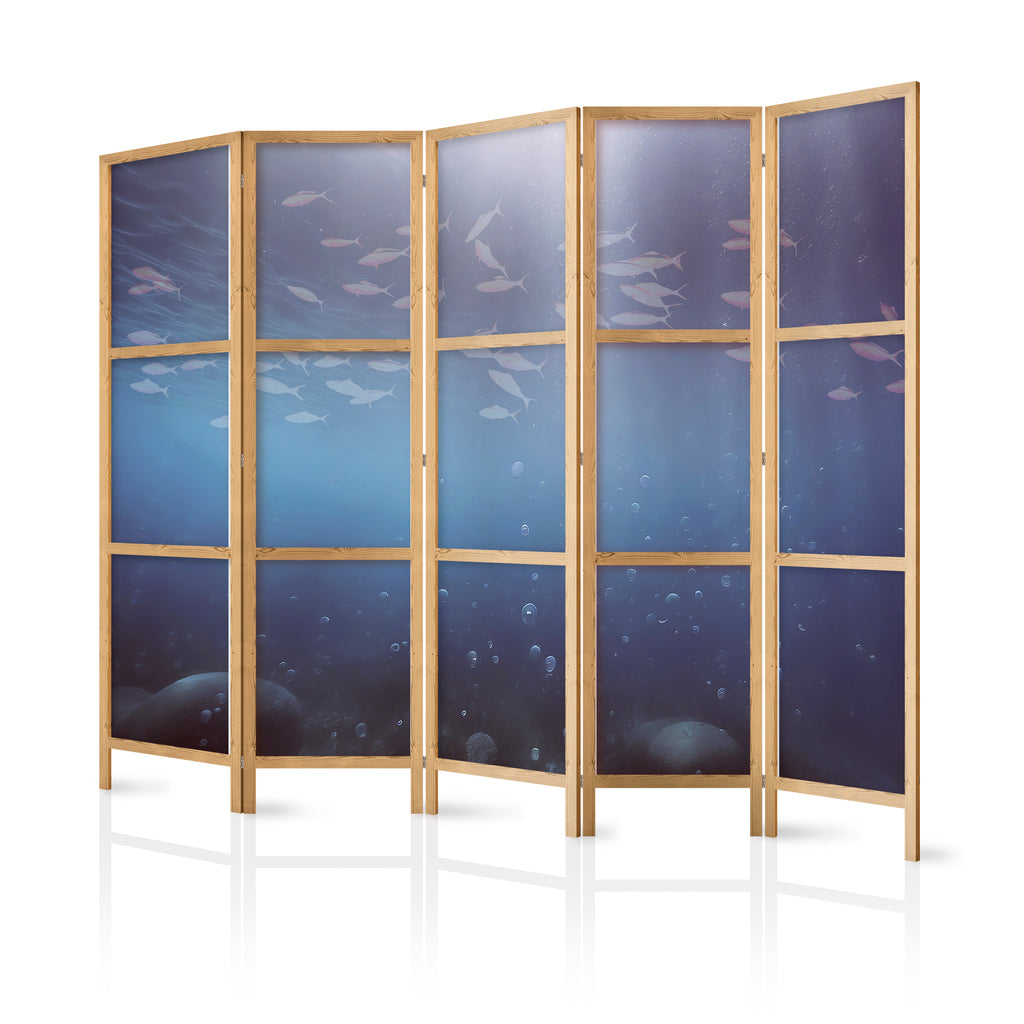 Japanese Room Divider - School of Small Fish - Illuminated Oceanic Depth in Shades of Navy. Purple. and Gray with a School of Tiny Fish