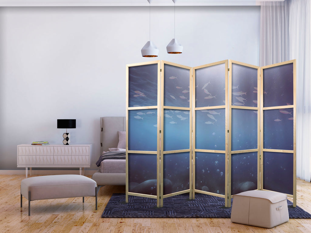 Japanese Room Divider - School of Small Fish - Illuminated Oceanic Depth in Shades of Navy. Purple. and Gray with a School of Tiny Fish