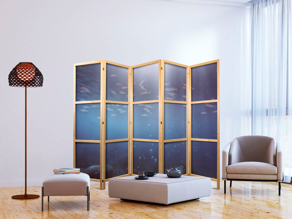 Japanese Room Divider - School of Small Fish - Illuminated Oceanic Depth in Shades of Navy. Purple. and Gray with a School of Tiny Fish