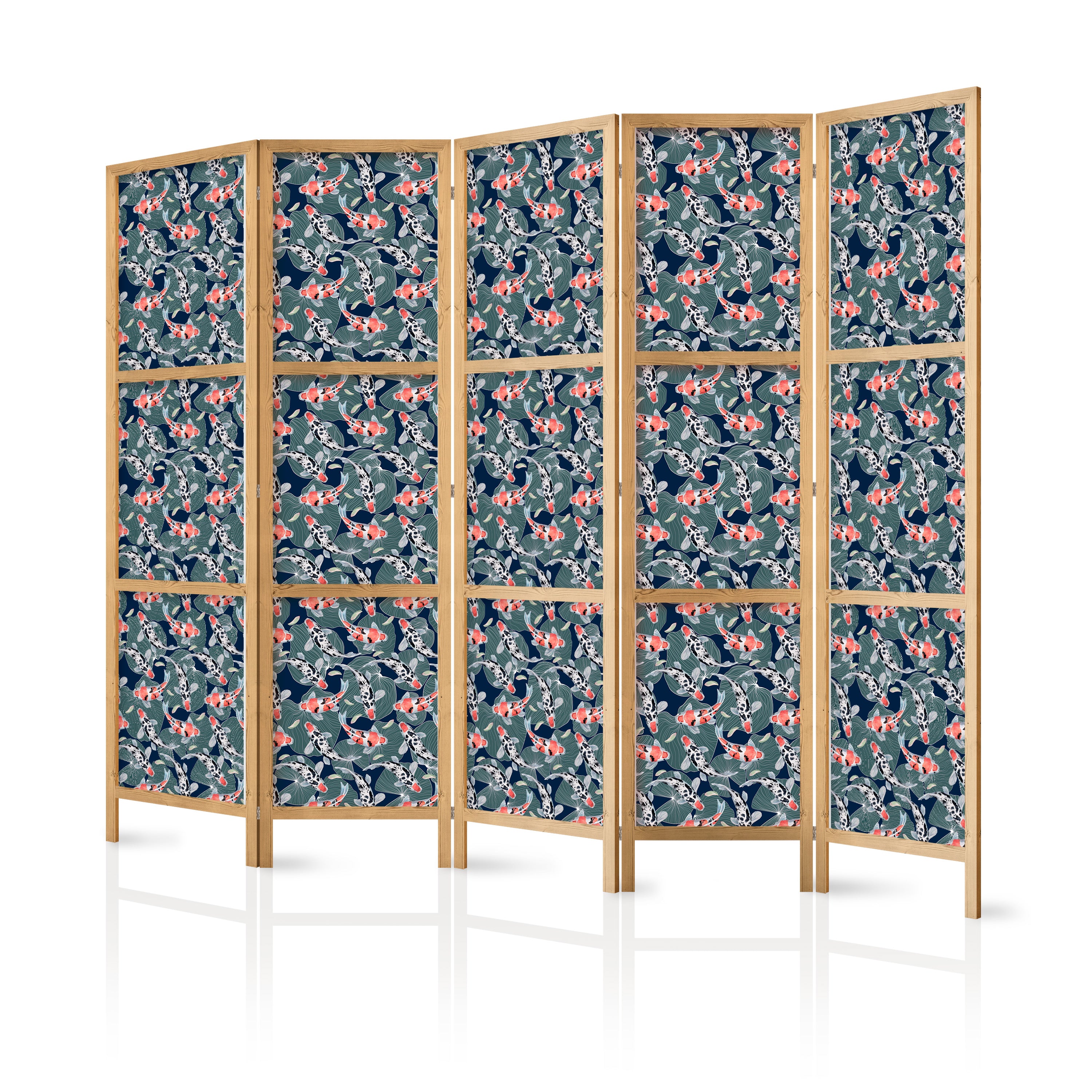 Japanese Room Divider - 5-Panel Screen with Colorful Koi on Navy Water