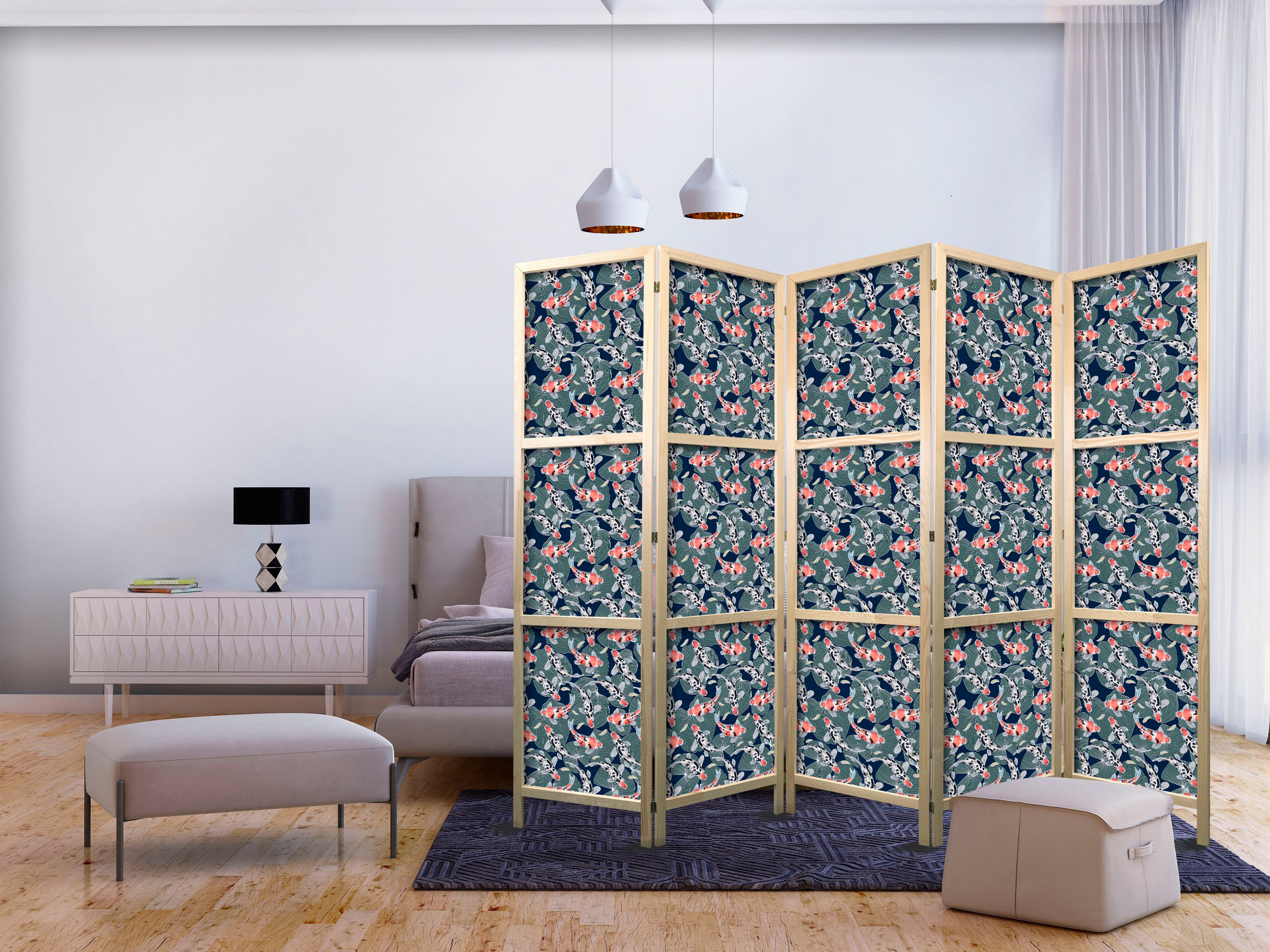 Japanese Room Divider - 5-Panel Screen with Colorful Koi on Navy Water