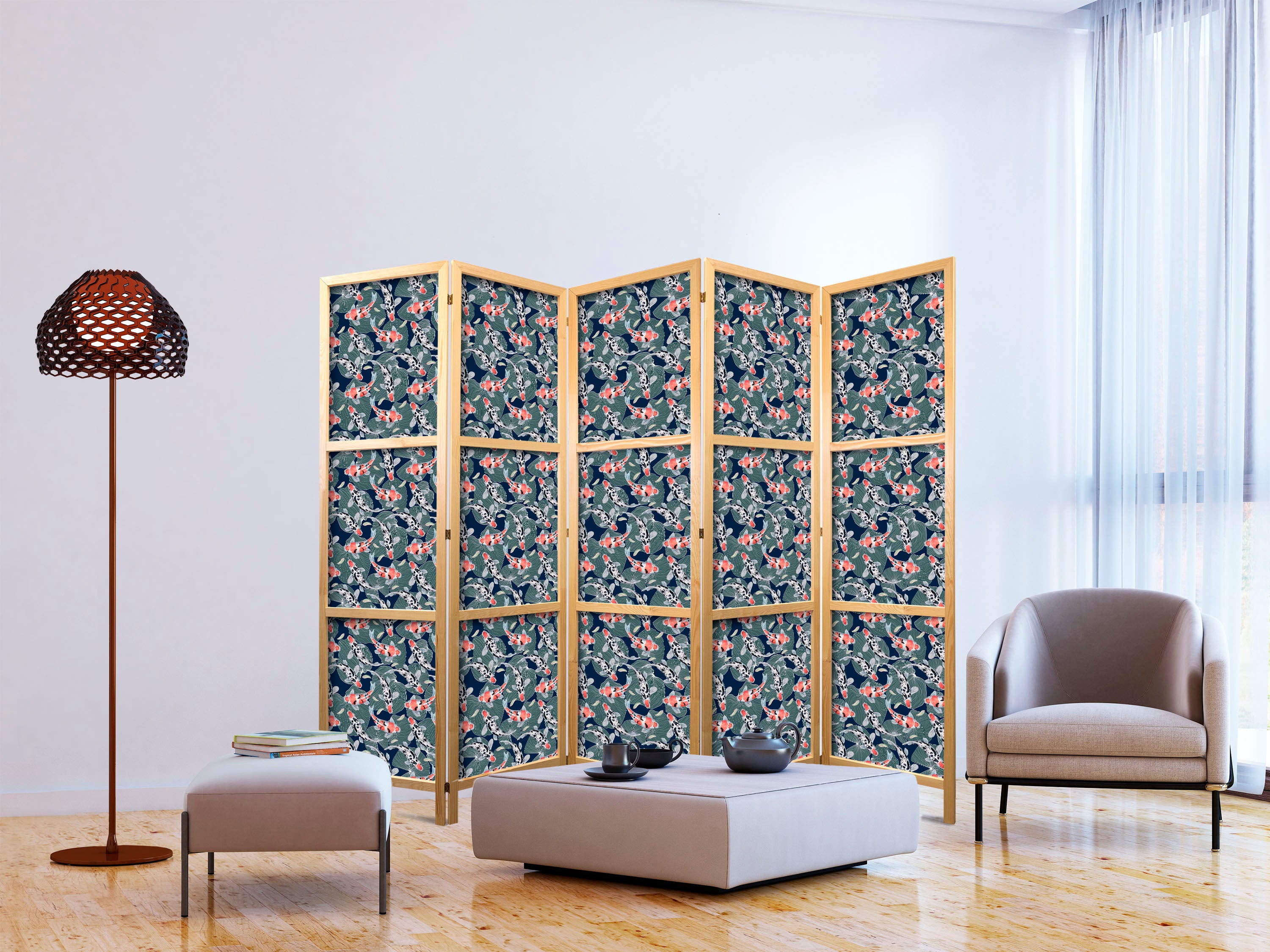 Japanese Room Divider - 5-Panel Screen with Colorful Koi on Navy Water