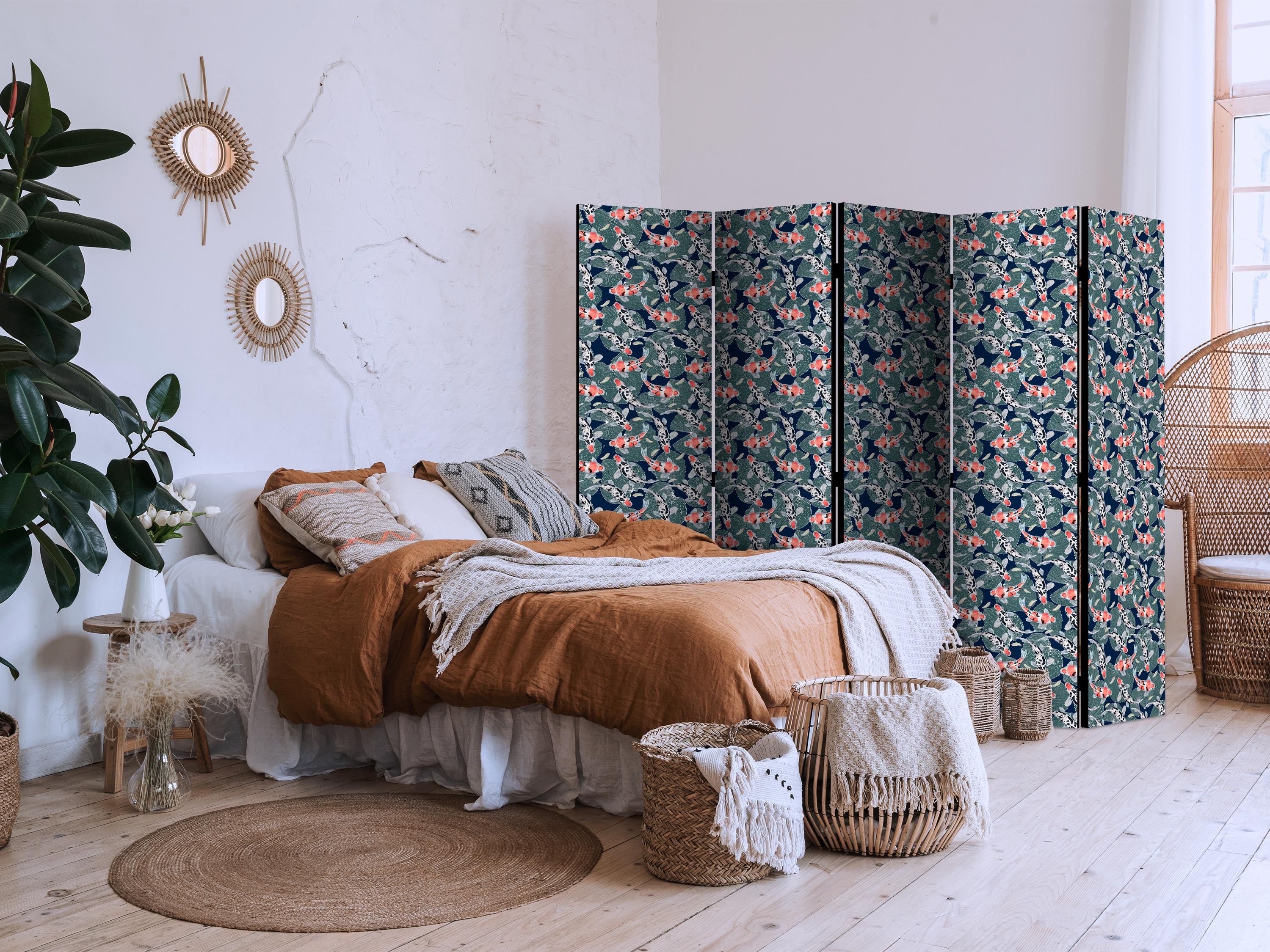 Room Divider with Fish Among Leaves - Koi on Navy Water