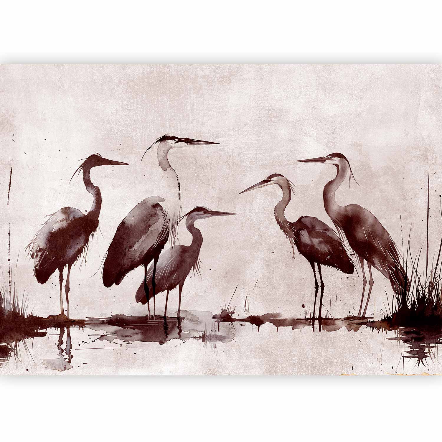 Ink Painted Herons Oriental Wall Mural