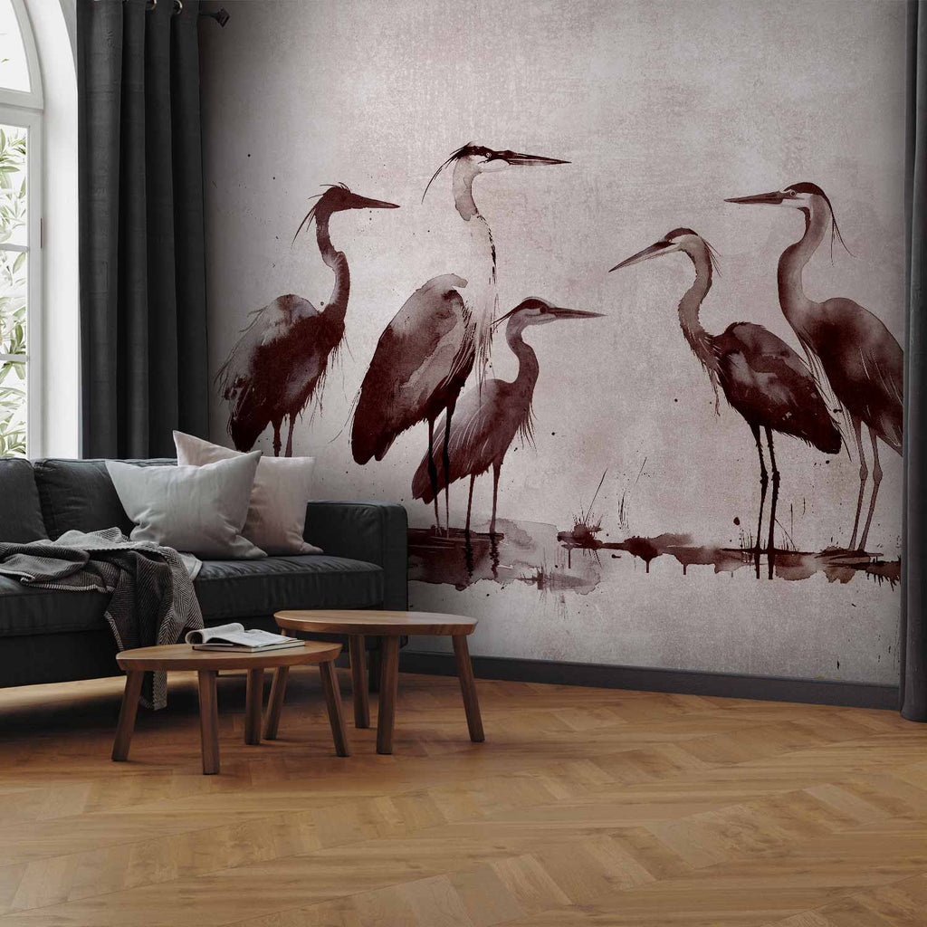 Ink Painted Herons Oriental Wall Mural