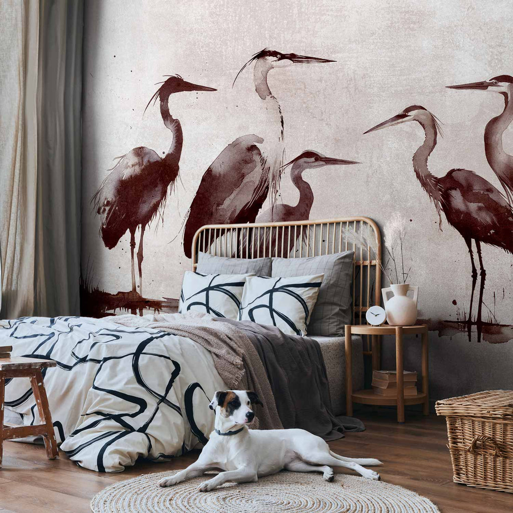 Ink Painted Herons Oriental Wall Mural