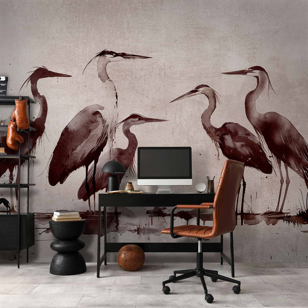 Ink Painted Herons Oriental Wall Mural