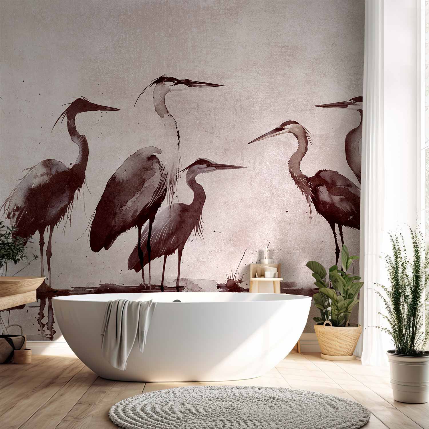 Ink Painted Herons Oriental Wall Mural