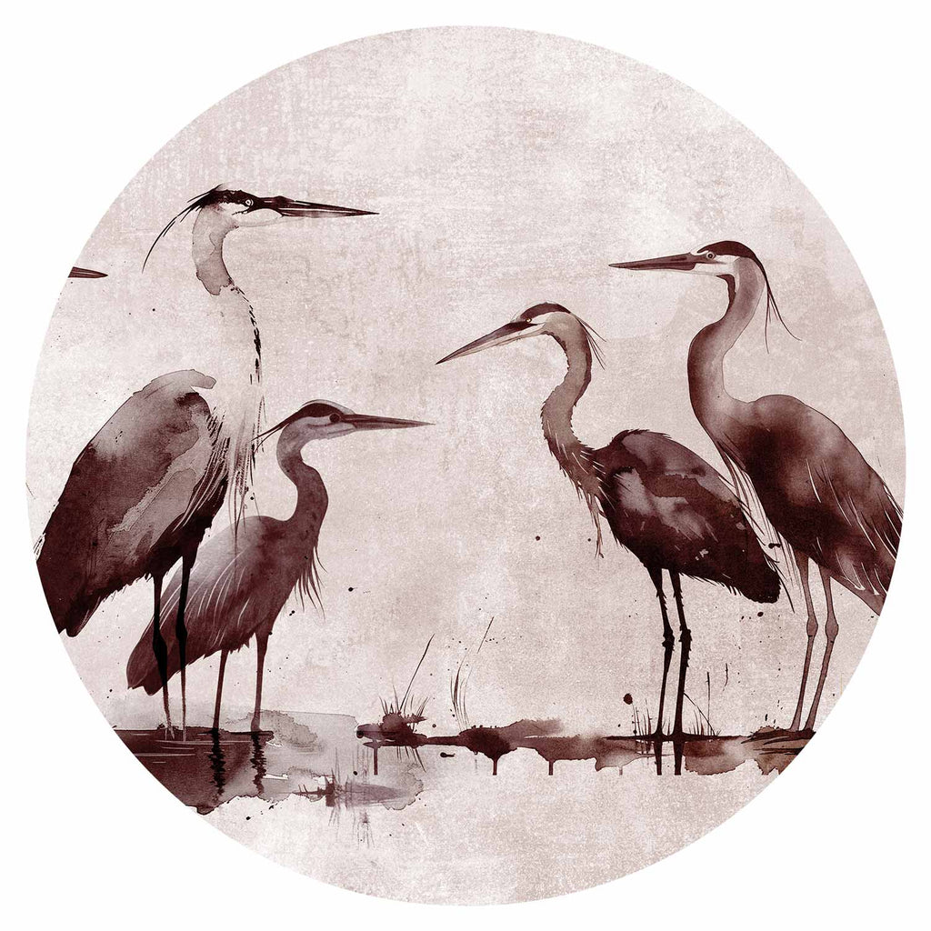 Ink Painted Herons Oriental Round Wall Mural