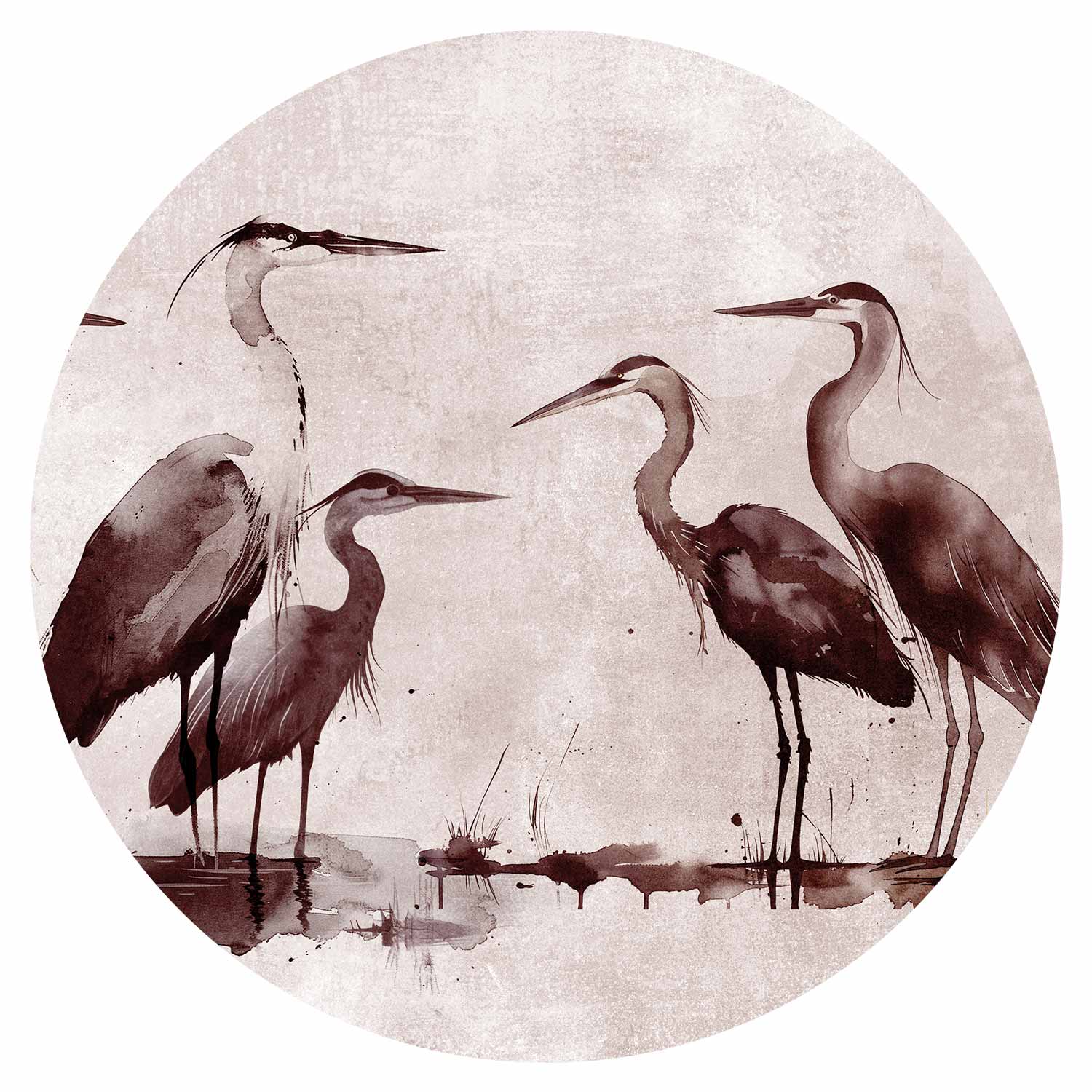 Ink Painted Herons Oriental Round Wall Mural