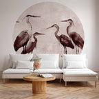 Ink Painted Herons Oriental Round Wall Mural