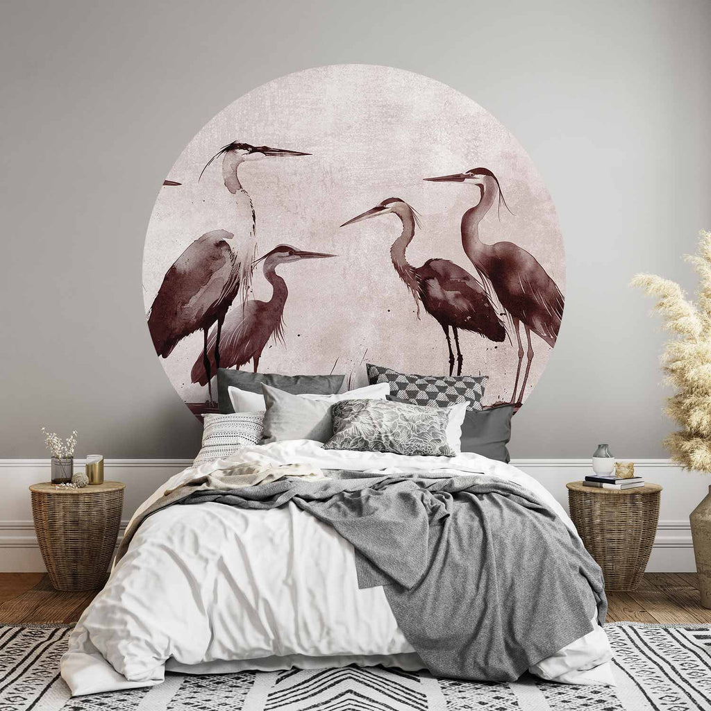 Ink Painted Herons Oriental Round Wall Mural