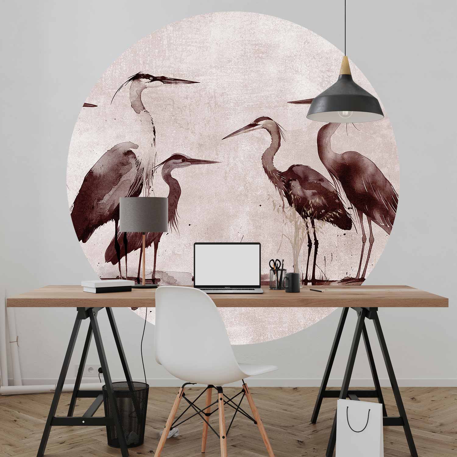 Ink Painted Herons Oriental Round Wall Mural