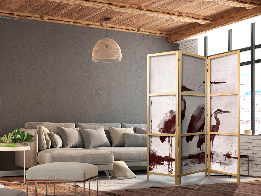 Ink Herons Nature 3-Panel Japanese Room Divider