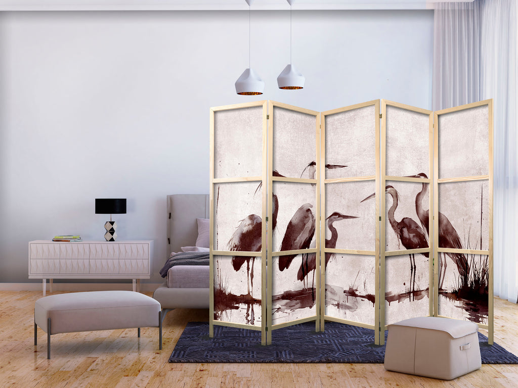 Ink Herons Nature 5-Panel Japanese Room Divider