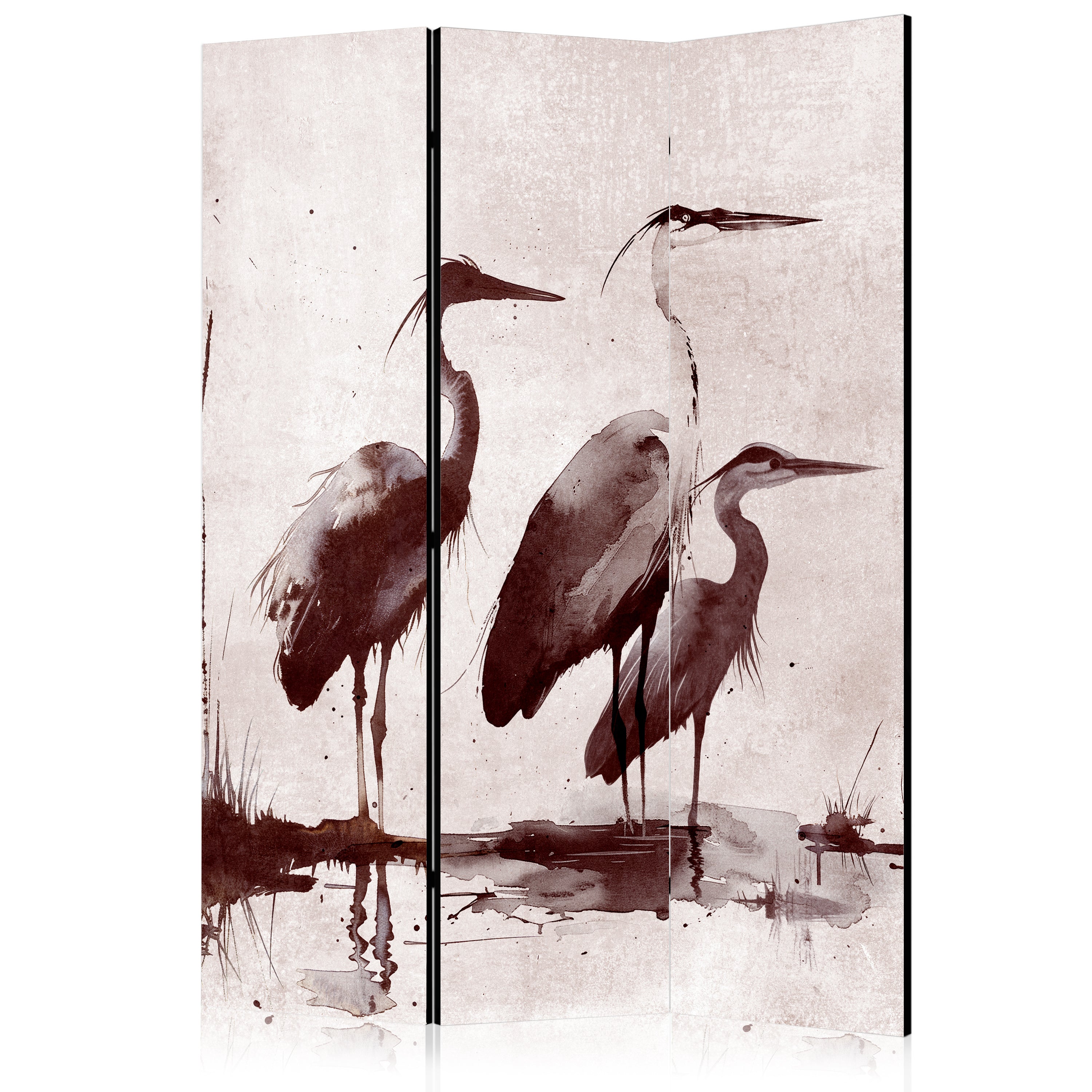 Ink Painted Herons 3-Panel Japanese Room Divider