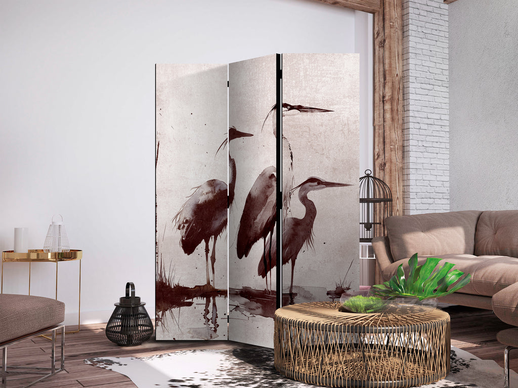 Ink Painted Herons 3-Panel Japanese Room Divider