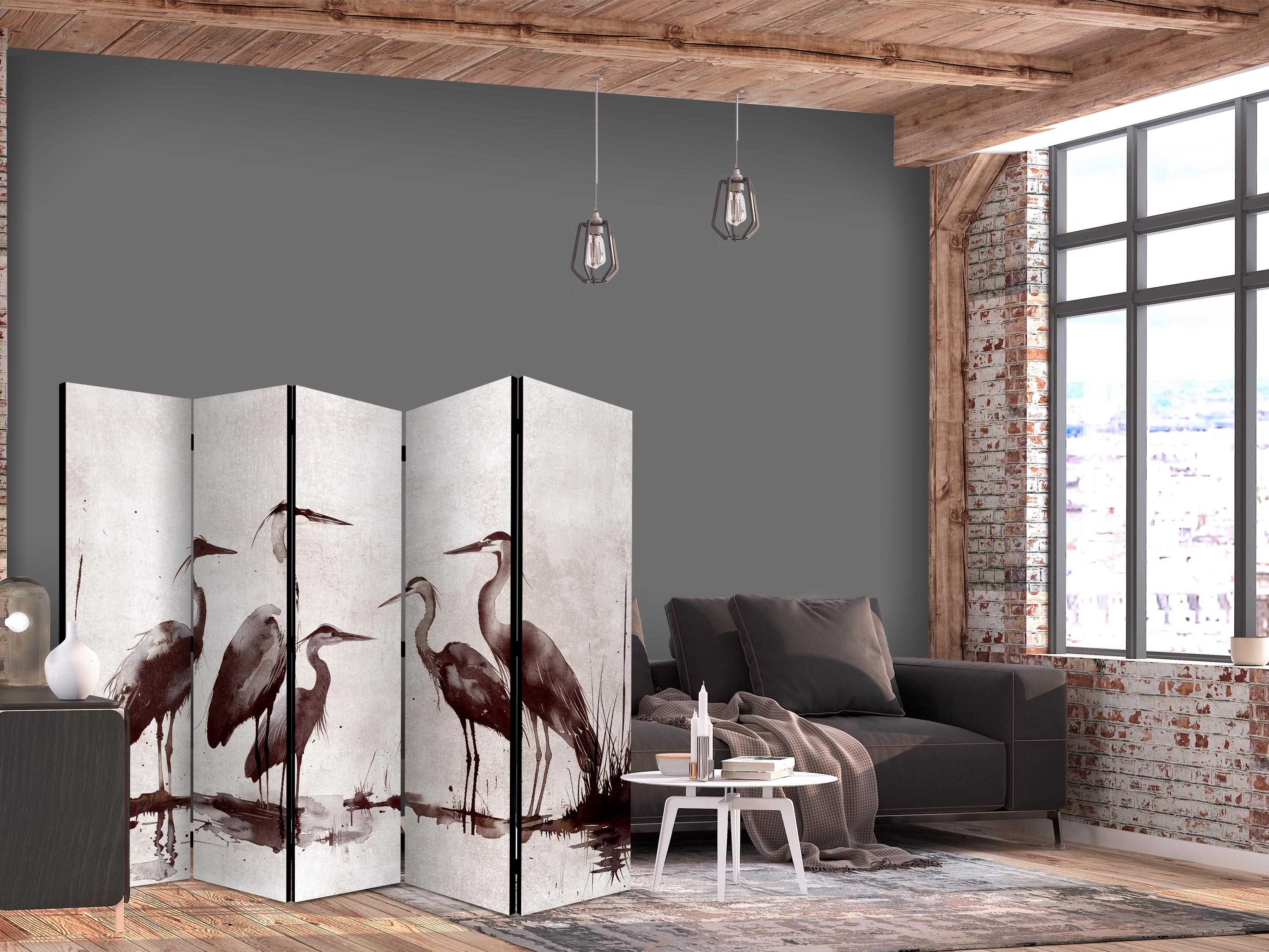 Ink Herons Japanese Nature 5-Panel Room Divider