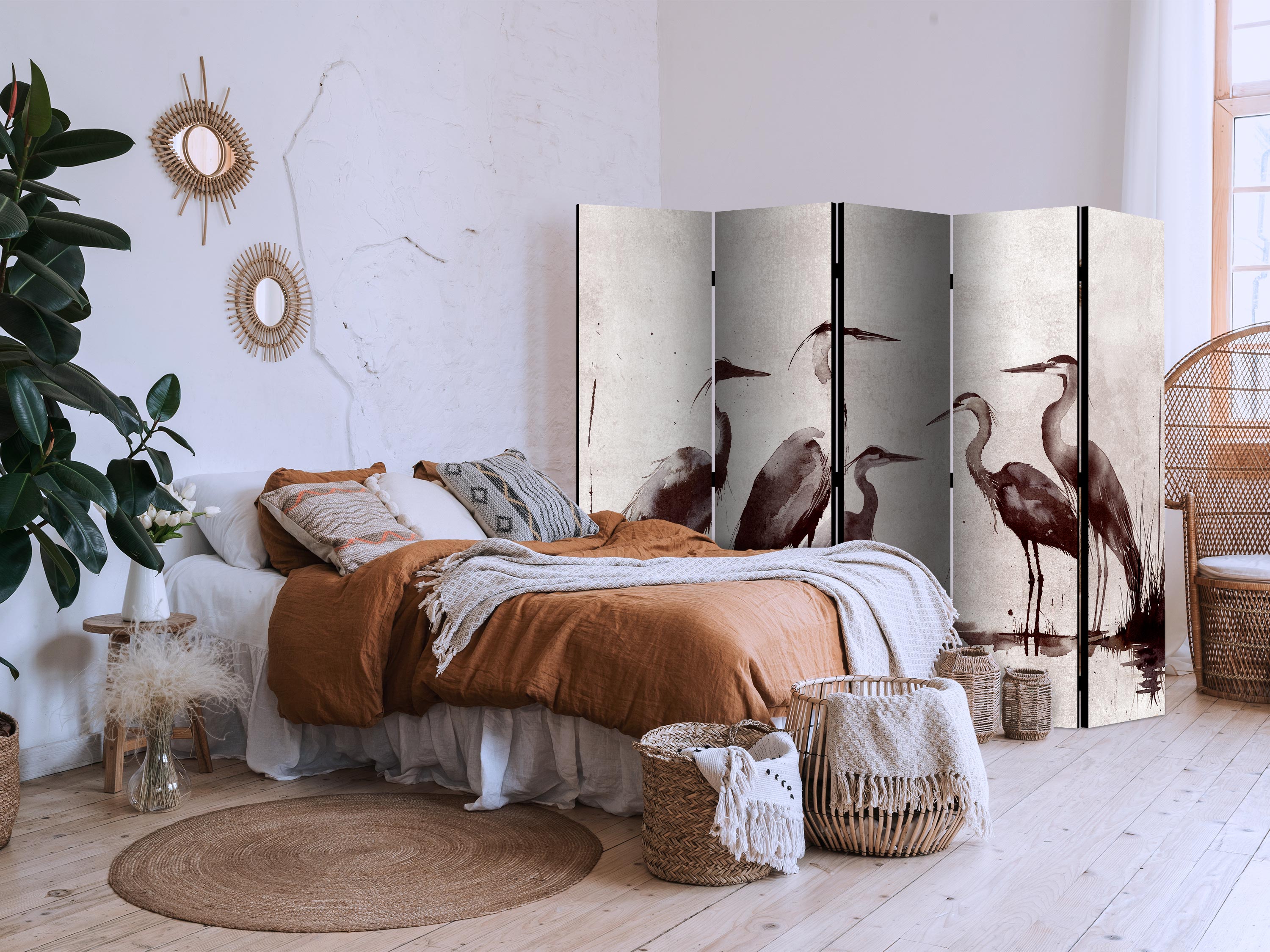 Ink Herons Japanese Nature 5-Panel Room Divider