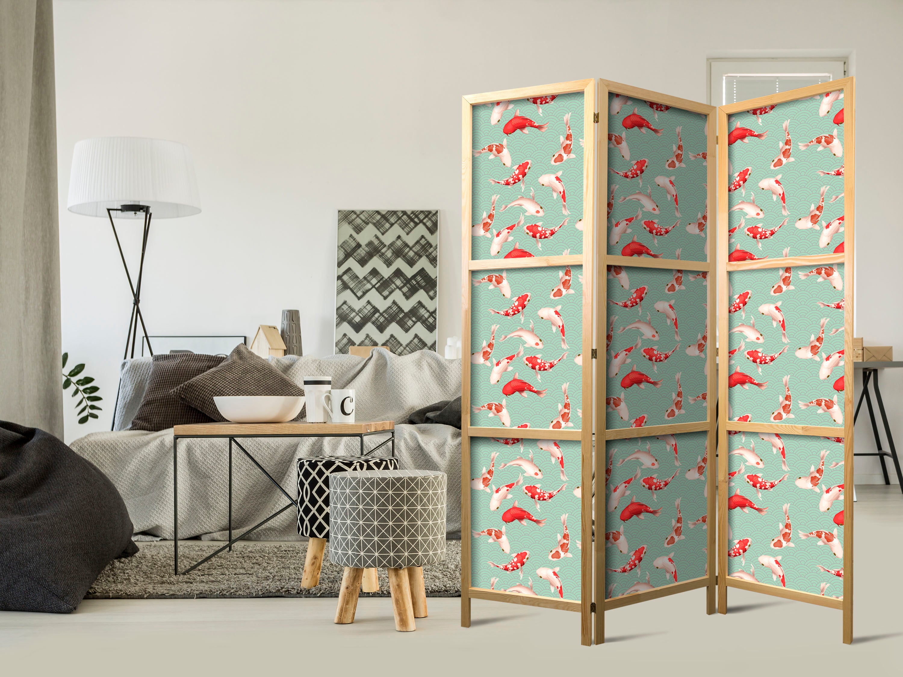 Japanese Room Divider with Koi Fish Pattern in Orange-Cream on Green-Mint