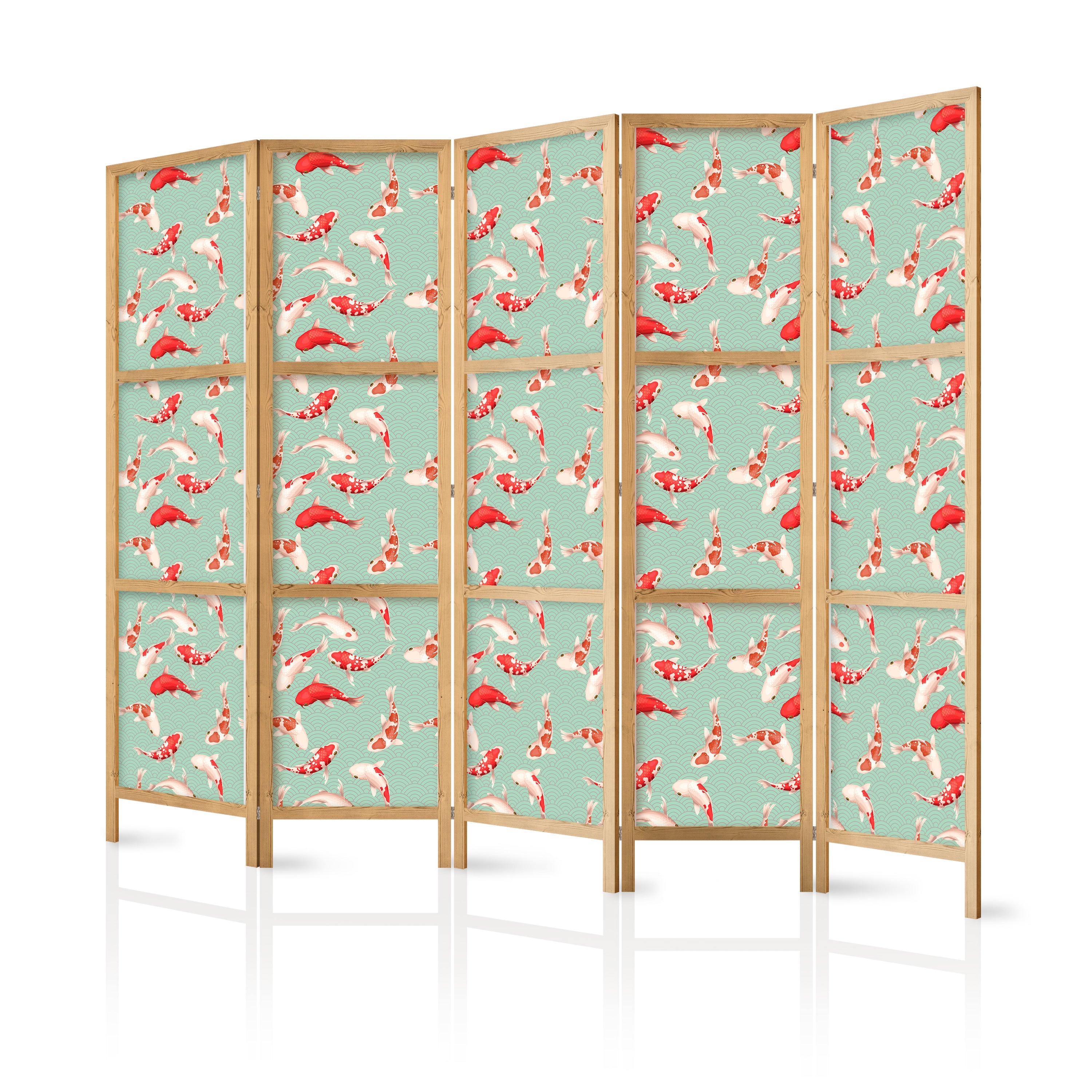 Japanese Room Divider with Koi Fish Pattern on Green-Mint
