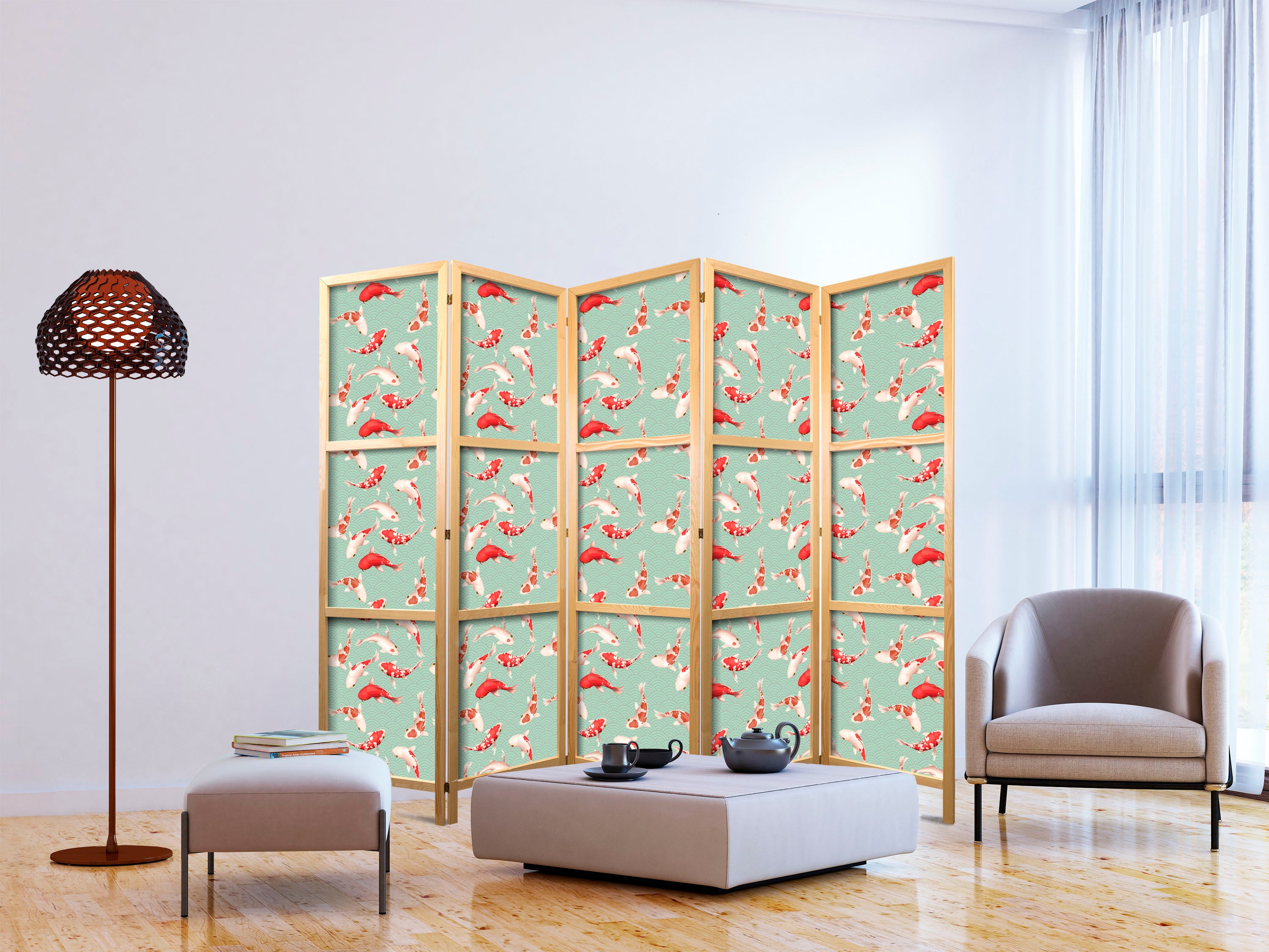 Japanese Room Divider with Koi Fish Pattern on Green-Mint